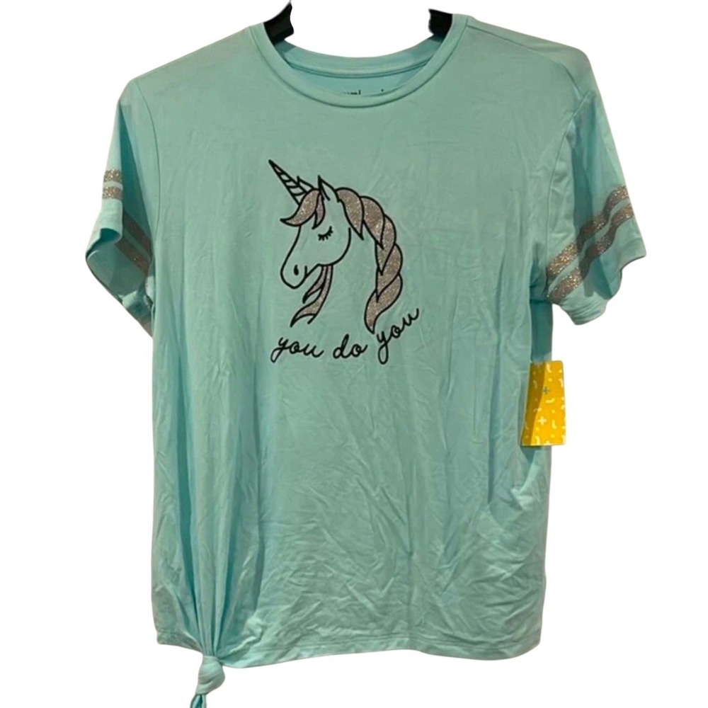 Rumi Ryder Kids Girls Unicorn Graphic‎ T Shirt Mint Green Tie Front Size L 12 14